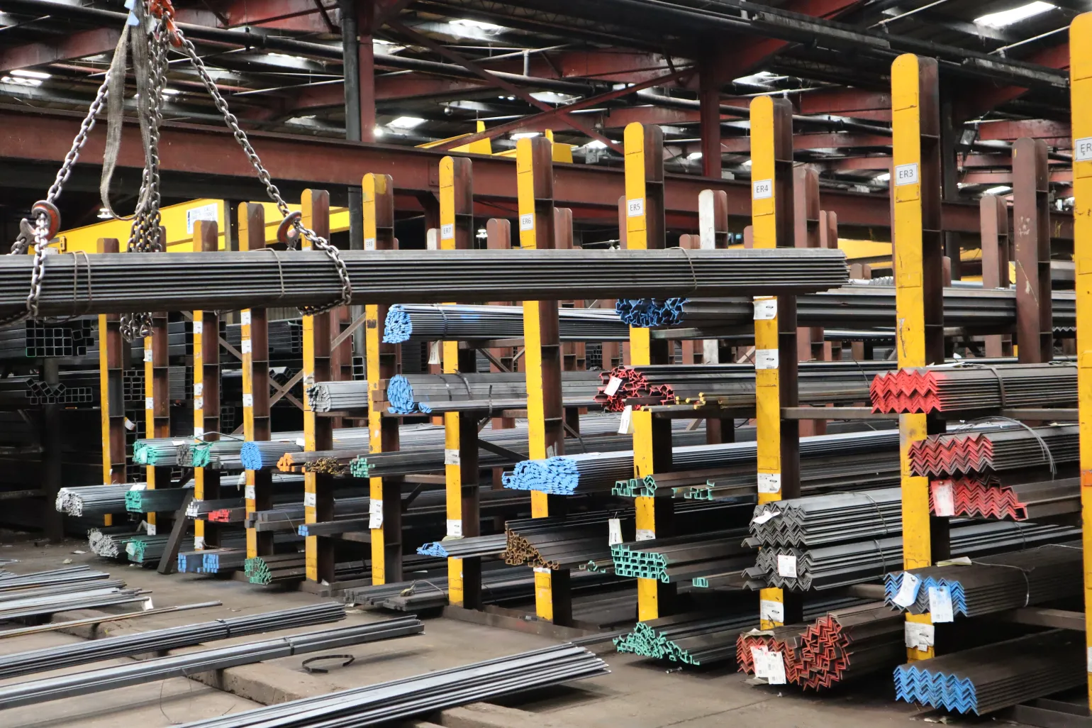 Angles: Angles are among the most basic structural steel shapes. Angles are usually used to supplement beams and main pillars, and they’re often found in structures’ corners. Angles are perpendicular L-shaped cross-sections with equal legs or unequal legs.
	Bars: Also known as merchant bars, these shapes are available in a few sub-categories such as flat, round, and square cross-sections, each of which can have different dimensions and properties. Bars are usually hot-rolled and cold-finished.
	Channels: Hot-rolled into a C-shape, channels supplement the structural support provided by main load-bearing beams. Channels are most commonly used for bracing or framing. These steel section shapes have a wider angle of attachment between the web and the flanges. Browse our parallel flange channels.