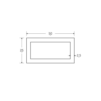 50 x 25 x 2.5mm - 7.5m Mild Steel Rectangular Box Hollow Section - BSEN10219 S235JR