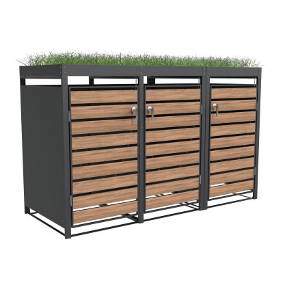 Ecoscape - Triple Bin Storage with Planter - Woodgrain Charcoal Ecoscape - Triple Bin Storage with Planter - Woodgrain Charcoal