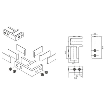 90 Degree Glass Connector to suit 17-21.5mm Glass - 316/Matt Black PPC