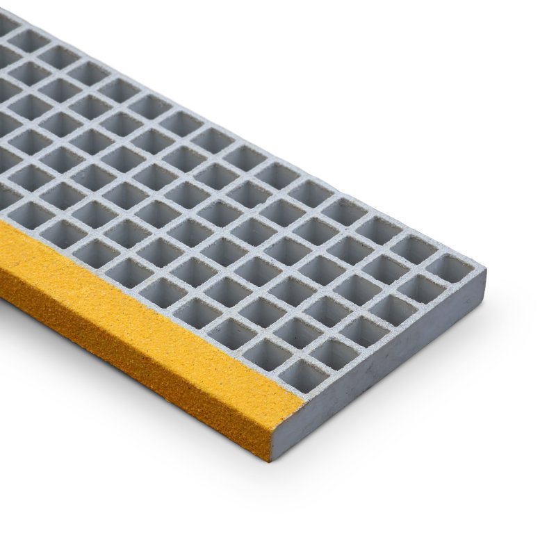 Barclay & Mathieson 38mm GRP Stair Tread Grating 1220mm - Light Grey with Yellow Nose - RAL 7047